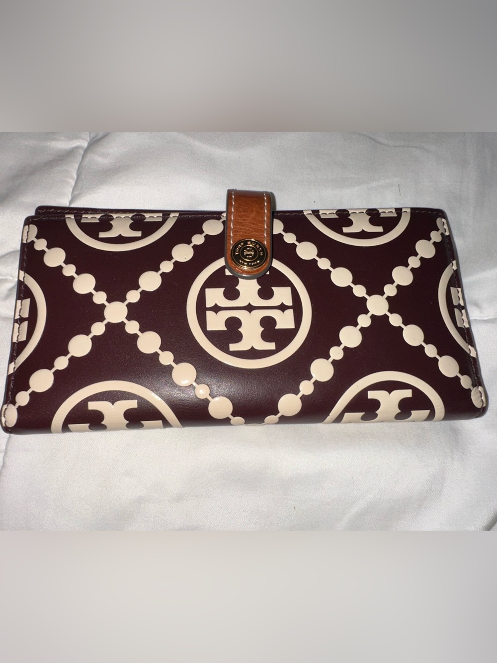 Tory Burch Brown Embossed Burgundy & Cream Logo Continental Wallet with Tan Snap